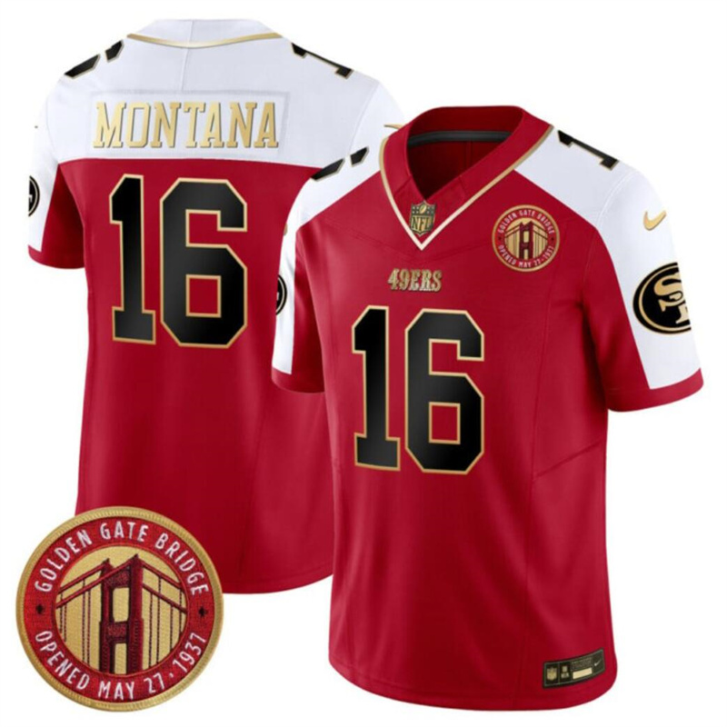 Men's San Francisco 49ers #16 Joe Montana Red/White F.U.S.E. Golden Gate Bridge Patch Alternate Vapor Limited Stitched Football Jersey Men's San Francisco 49ers #16 Joe Montana Red/White F.U.S.E. Golden Gate Bridge Patch Alternate Vapor Limited Stitched Football Jersey